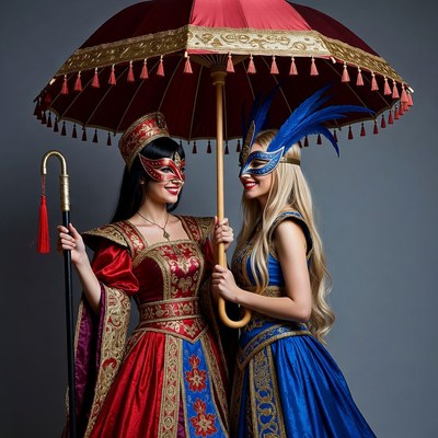 Two women in masquerade gowns holding umbrellas