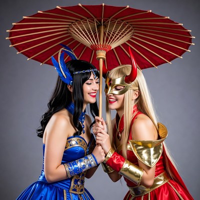 Two women holding red umbrella cosplay