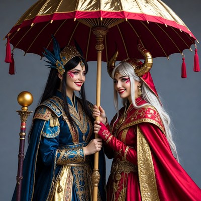 Two women holding ornate red umbrella