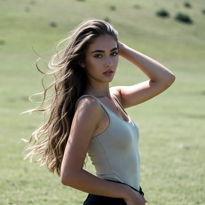 Woman with flowing hair in green field