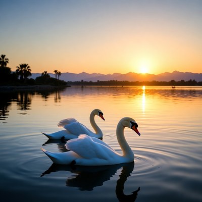 Two white swans on lake at sunset