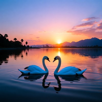 Two Swans Forming Heart Sunset Lake