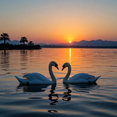 Two swans forming heart sunset lake