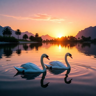 Two Swans Swimming at Sunset Lake