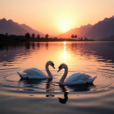 Two Swans Forming Heart Sunset Lake