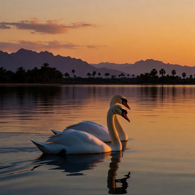 Pair of Swans on Lake at Sunset