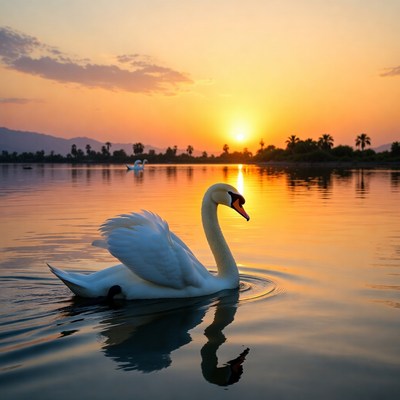 Swan swimming at sunset lake