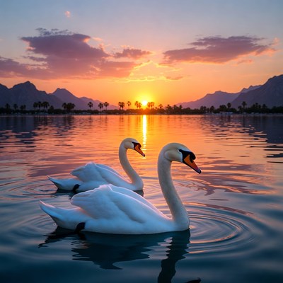Two Swans on Lake at Sunset