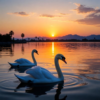 Two Swans Swimming at Sunset Lake