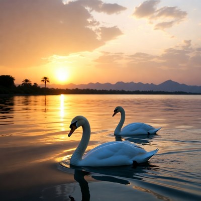 Two white swans swimming at sunset