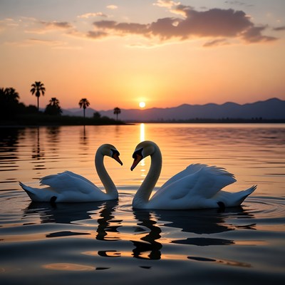 Two Swans Facing Each Other at Sunset