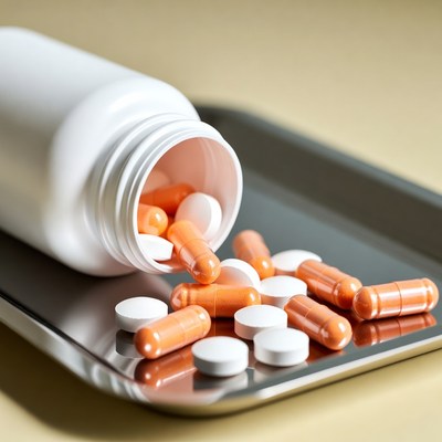 Orange and white pills spilling from bottle