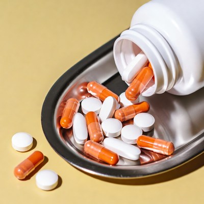 Pills pouring from white bottle onto tray