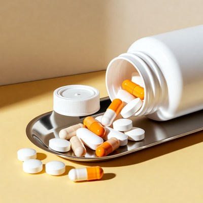 Pills spilling from white bottle