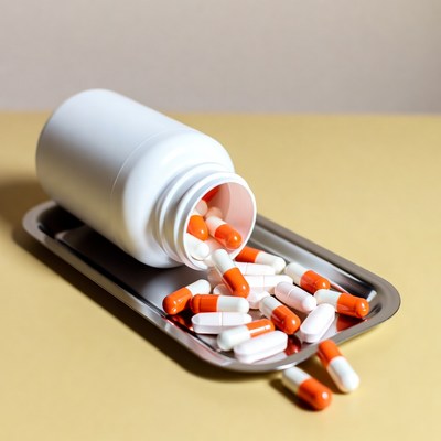 White bottle spilling orange white pills