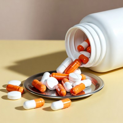 Pills spilling from white bottle