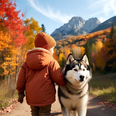 Boy walking with Husky in autumn mountains