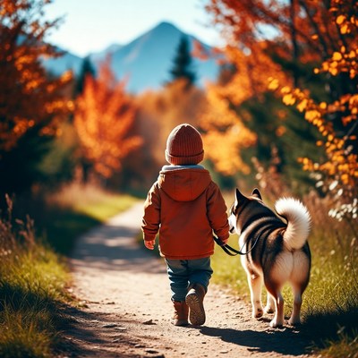 Boy walking dog autumn forest path