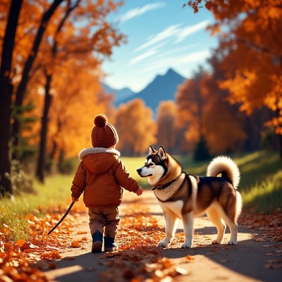 Boy walking Siberian Husky in autumn forest