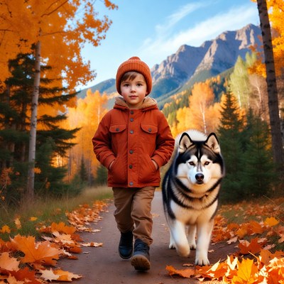 Boy walking with husky in autumn forest