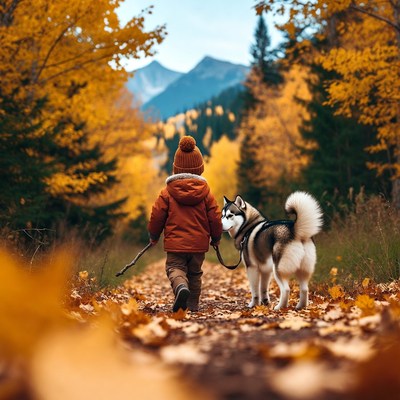 Boy walking Siberian Husky autumn trail