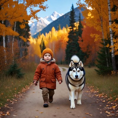 Boy walking with husky in autumn mountains