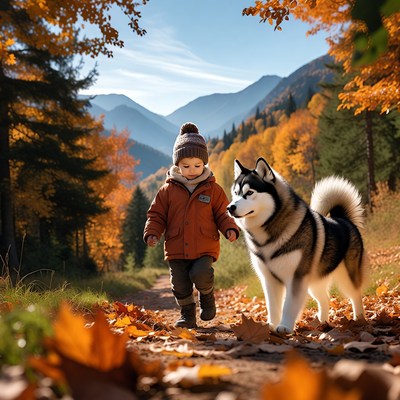 Boy walking Siberian Husky autumn forest