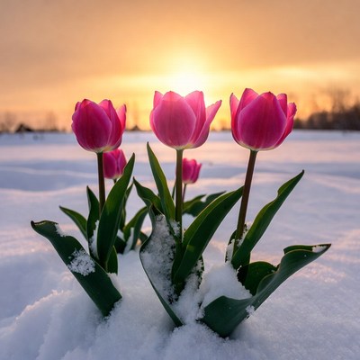 Pink tulips in snow at sunset