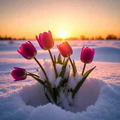 Pink tulips in snow at sunset