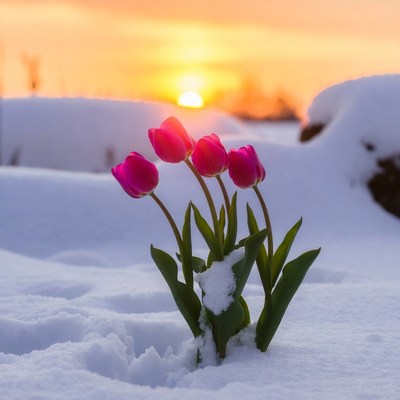 Pink tulips in snow at sunset