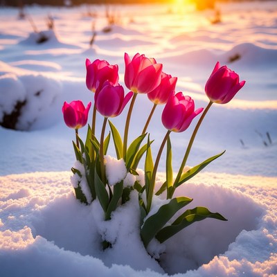 Pink tulips in snow at sunset