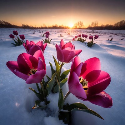 Pink tulips blooming in snow at sunset