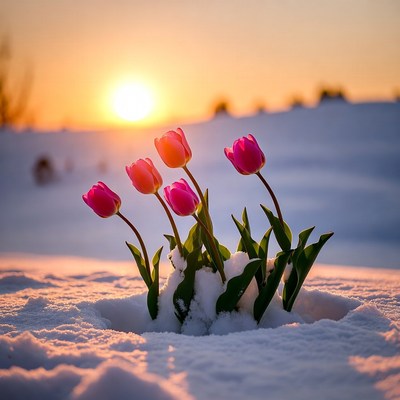 Pink tulips blooming in snow at sunset