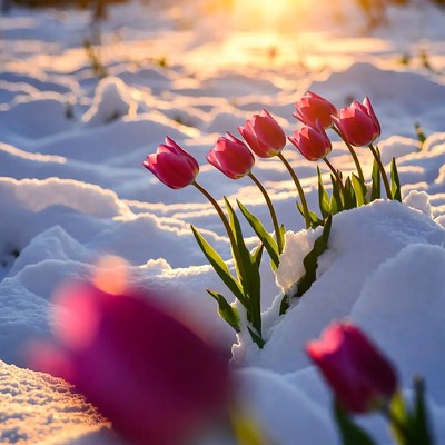 Pink tulips blooming in snow