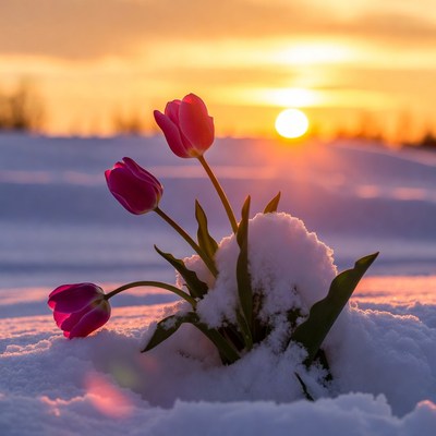 Pink tulips in snow at sunset