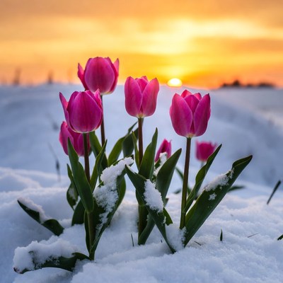 Pink tulips in snow at sunset