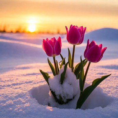 Pink tulips in snow at sunset