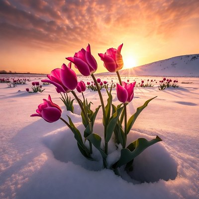 Pink Tulips Blooming in Snow
