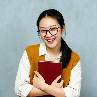 Asian woman holding red book