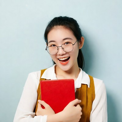 Asian woman holding red book smiling