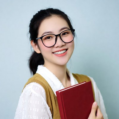Asian woman holding red book