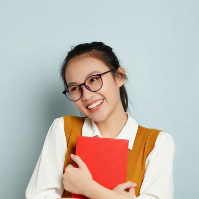 Asian woman holding red book smiling