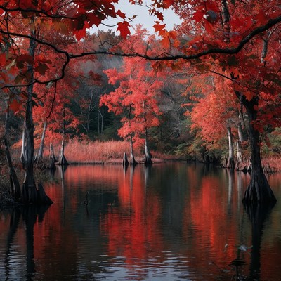 Autumn Red Trees Reflecting in Swamp