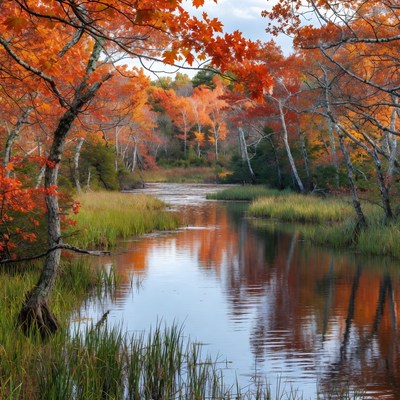 Autumn Forest River with Red Foliage