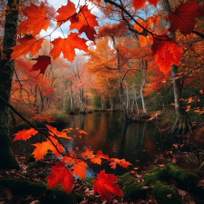 Autumn Forest with Red Maple Leaves