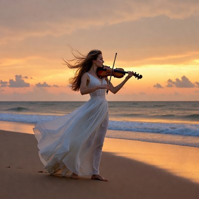 Woman playing violin on beach sunset