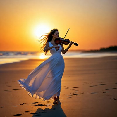 Woman playing violin on sunset beach