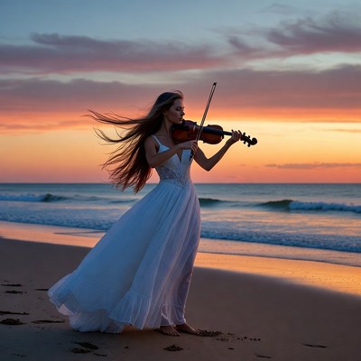 Woman playing violin on beach sunset