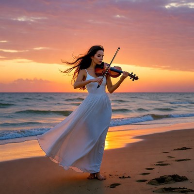 Woman playing violin on beach sunset