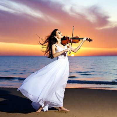 Woman playing violin on beach sunset